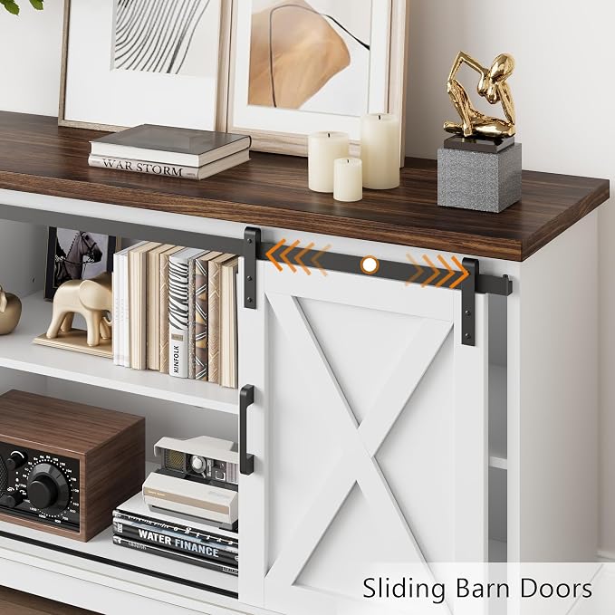 IDEALHOUSE Farmhouse Tv Stand for 65 inch TVs, Entertainment Center with Sliding Barn Doors and Adjustable Shelf, Modern Storage Media TV Console TV Stand Table for Living Room, Bedroom, White & Brwon - Image 4