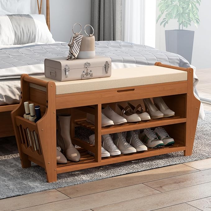 oakvivo 47.2in Shoe Bench Entryway - Bamboo Shoe Rack Bench with Storage, Shoe Rack Organizer with Cushion, 2 Side Holder, Holds Up tp 330lbs for Front Door Entrance, Living Room - Image 9