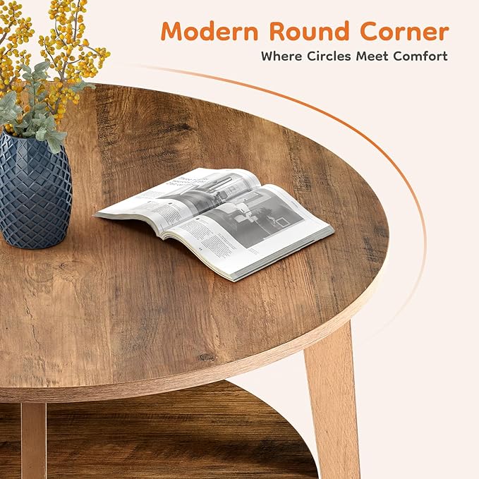 OLIXIS Round Coffee Table, 31.5'' Wood Coffee Tables for Living Room with Storage, 2-Tier Center Circle Counter with Wooded Desktop, 50 lbs Capacity, Anti-Slip Feet, Modern Farmhouse Design, Brown