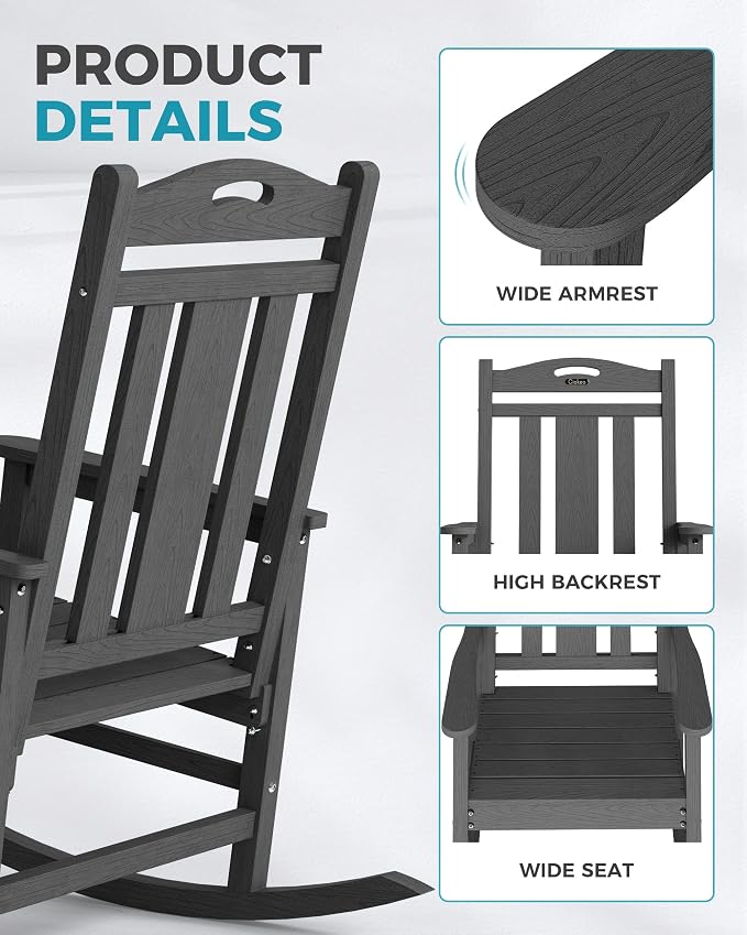 Ciokea Oversized Outdoor Rocking Chairs Set of 6, 380lbs Heavy-Duty Large Patio Rocker, High Back Cozy Porch Chairs, Weather Resistant Patio Rocking Chairs for Outside, Fire Pit, Deck, Dark Grey - Image 6