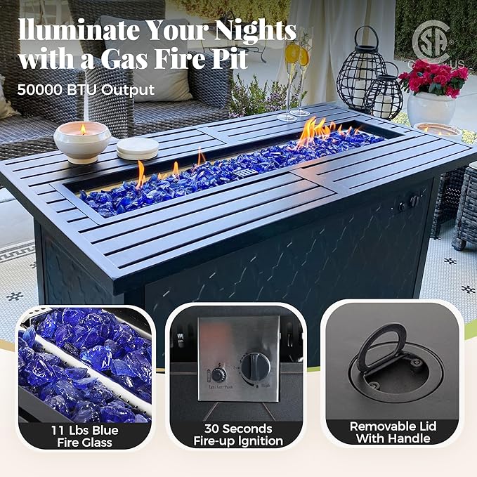 Patio Furniture Set, 6 Pcs Metal Outdoor Conversation Set, 2 Rocker Chairs, 2 Ottomans and 3 Seater Sofa with 5.75" Extra Thick Cushion and Gas Fire Pit Table, Gemstone Blue