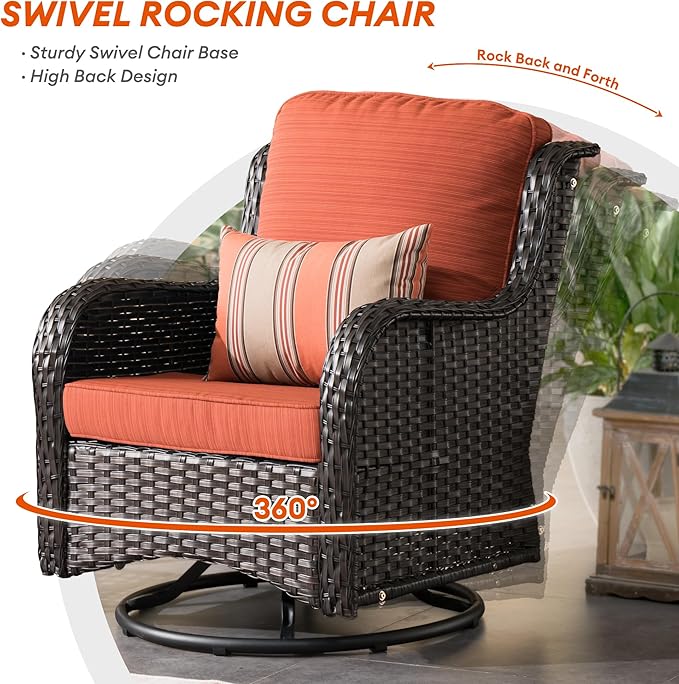 HOOOWOOO Patio Outdoor Furniture with Large Fire Pit Table,High Back 6 Piece Wicker Patio Conversation Set with Swivel Chairs,7 Person Couch Sofa Seating,Orange Red