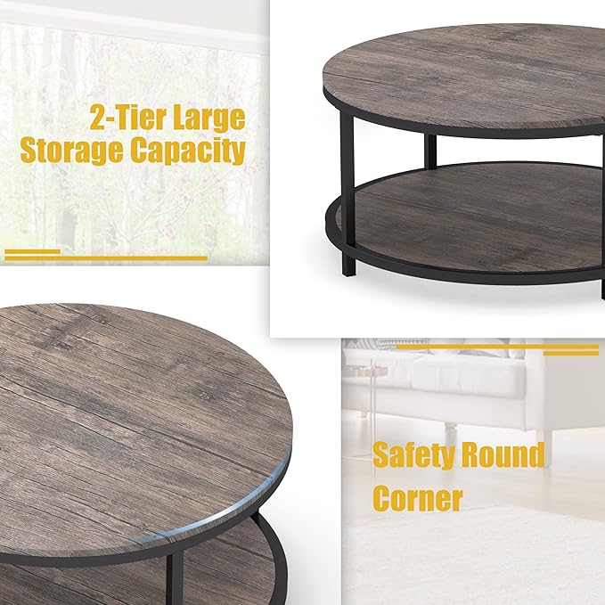 WiberWi Round Coffee Table 35.8" Circle Coffee Tables for Living Room Rustic Industrial Cocktail Table with Sturdy Metal Frame and Open Storage Shelf, Easy Assembly, Gray Brown