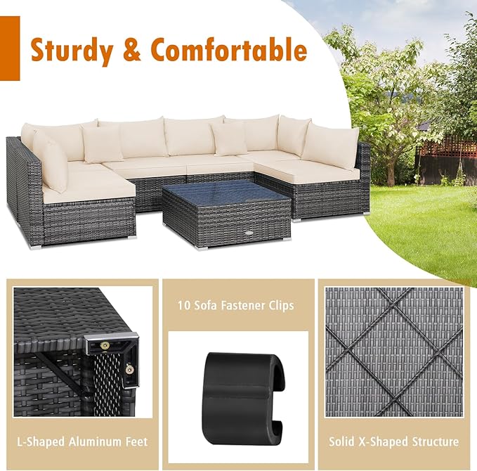 Tangkula 7 Piece Patio Wicker Furniture Set, Outdoor Rattan Sectional Sofa Set for 6 with Seat & Back Cushions, 2 Throw Pillows, Sofa Fastener Clips, for Backyard, Poolside, Deck and Garden (Beige)