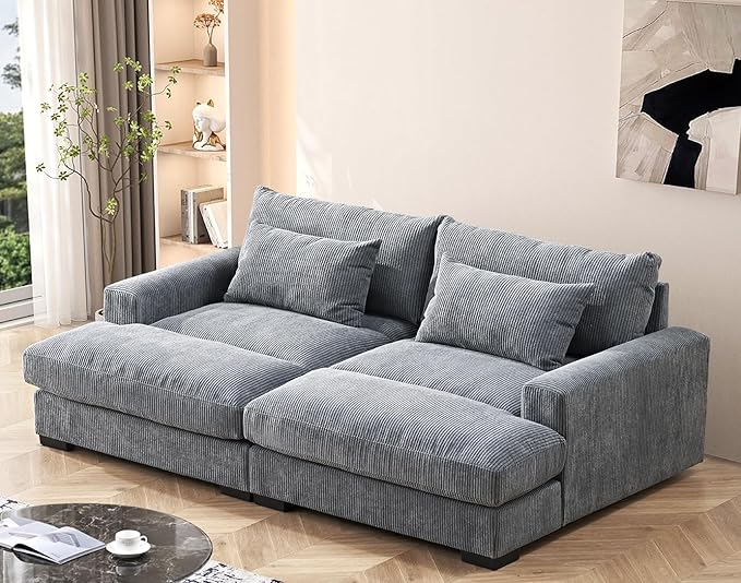 Luxe Sleeper Sofa with Soft Corduroy Upholstery, Double Chaise Design, Convertible to Twin Size Bed, Modern and Comfortable Living Room Couch, 89.9" Wide, Grey