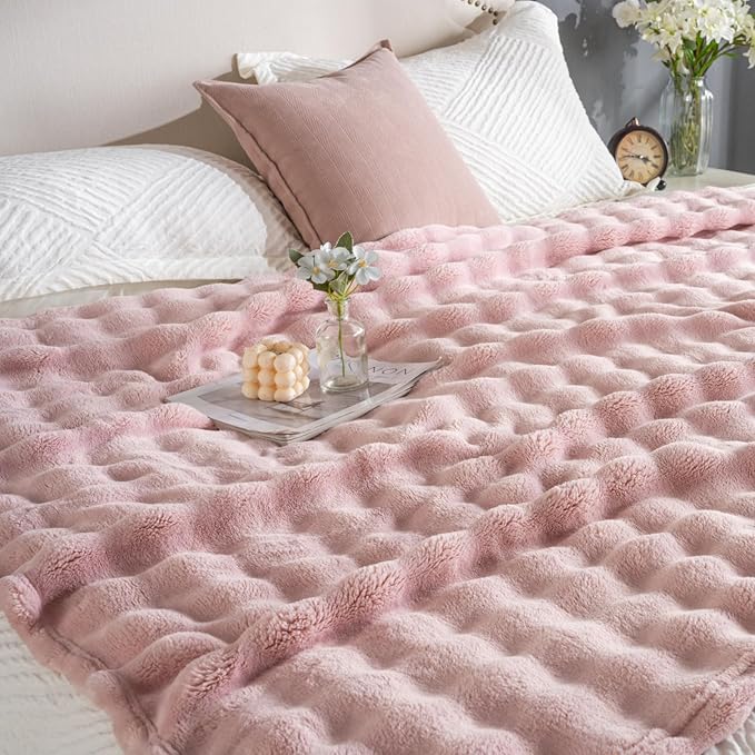 Pink Faux Fur Throw Blanket for Couch, Soft Fluffy Bubble Blanket for Bed Sofa, Thick Warm Plush Fuzzy Rabbit Fur Blanket for Cute Home Decor, 50"X 60"