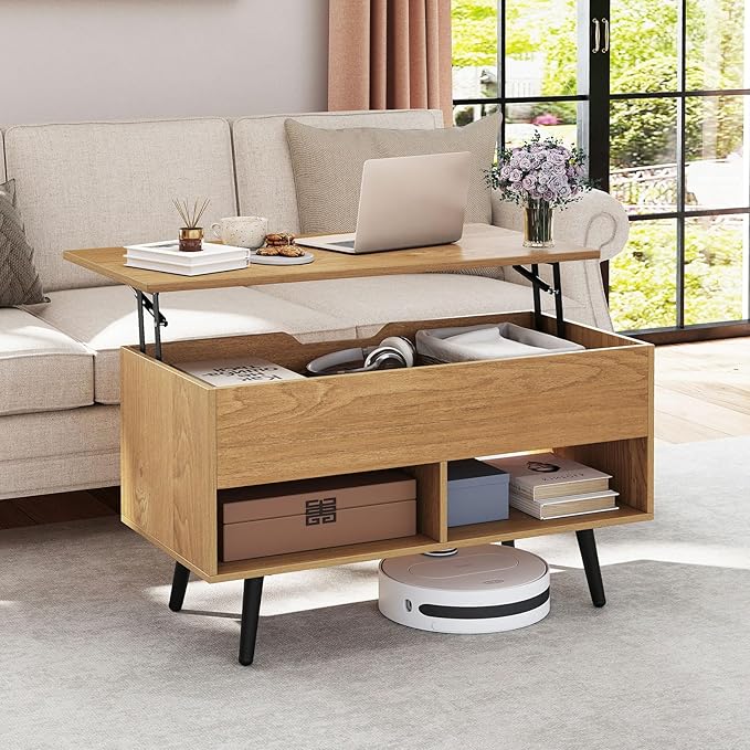 Giantex Lift Top Coffee Table, Modern Cocktail Table w/Hidden Compartment & 2 Open Shelves, Flip Top Center Table, Wooden Pull up Coffee Table for Living Room, Reception Room, Office (Natural)