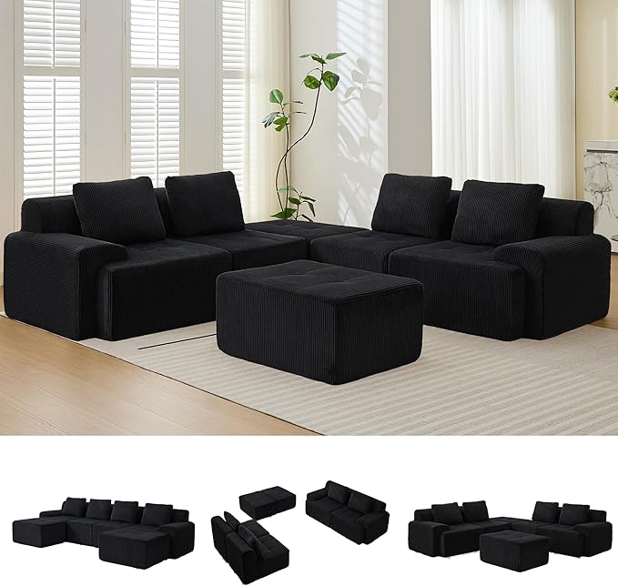 Modular Sectional Sofa, 6 Seat Modular Couch, Modular Sofa with Deep Seat and Detachable Pillow (Black, 6 Pieces-U Shape)