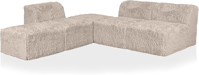Furniture of America Havyn Modern Faux Fur 5-Seater L-Shaped Modular Armless Foam Sectional Sofa with Ottoman, Compressed Couch in a Box, No Assembly Required, for Living Room and Office, Taupe