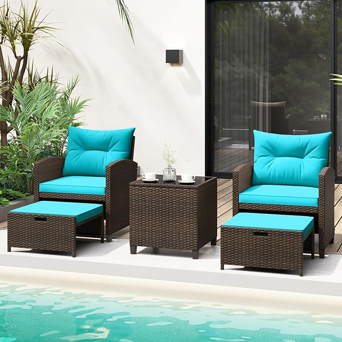 Tangkula 5 Pieces Patio Conversation Set, PE Wicker Outdoor Furniture Set with 2 Chairs, 2 Ottomans & Tempered Glass Coffee Table, Ideal for Poolside, Backyard, Lawn, Deck, Mix Brown & Turquoise