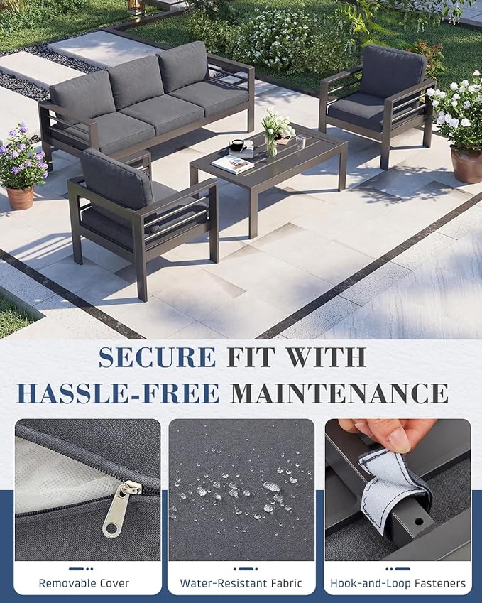 AECOJOY Aluminum Patio Furniture Armchair with Ottoman, Set of 2, Modern Outdoor Furniture with Washable 5 inch Thick Cushion, Dark Gray