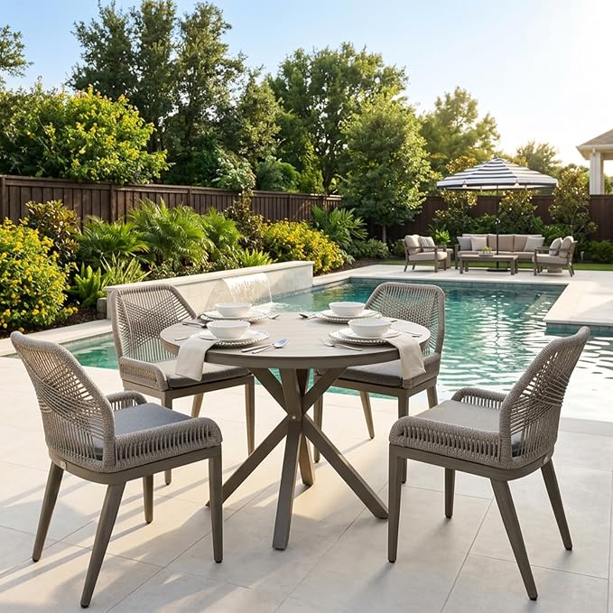 PURPLE LEAF 5 Pieces Round Dining Set Patio Aluminum Modern Round Table and Wicker Chairs with Cushions for Kitchen Porch Garden Outdoor Furniture Sets, Light Grey by PURPLELEAF