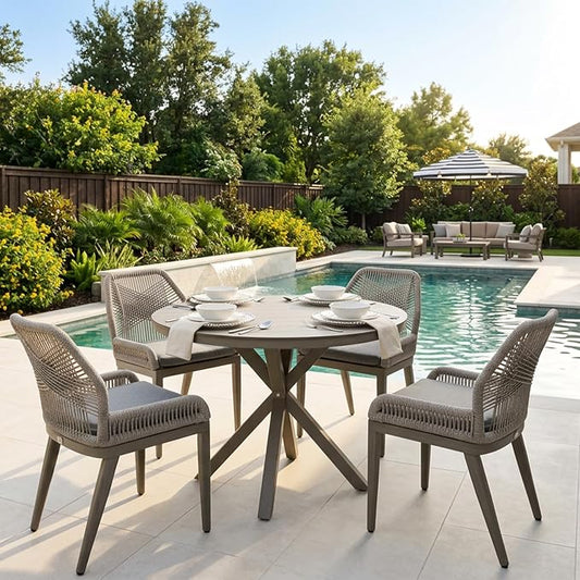 PURPLE LEAF 5 Pieces Round Dining Set Patio Aluminum Modern Round Table and Wicker Chairs with Cushions for Kitchen Porch Garden Outdoor Furniture Sets, Light Grey by PURPLELEAF