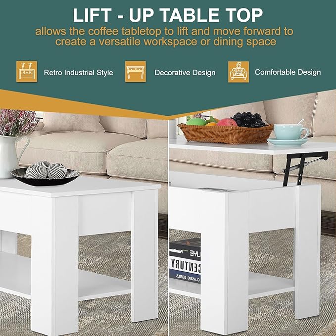 PayLessHere Coffee Table Lift Top Coffee Tables with Hidden Compartment and Storage Shelf Wooden Lift Tabletop Dining Table for Living Room Home (White, 39" D x 28" W x 24" H)