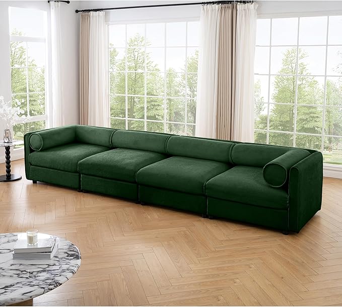 KEIKI 143" Oversized Modular Chenille Sectional Sofa with Storage Seat, 4-Seater Couch with Cylindrical Backrest and Armrests, Easy Assembly, for Apartment, Living Room, Green