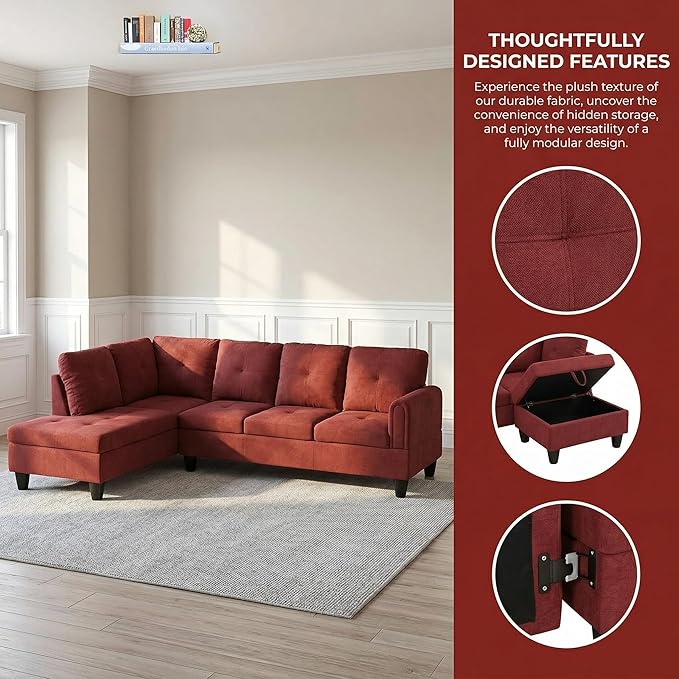 NicBex Modular L-Shaped Sectional Couches, 3-Piece Convertible Couch with Storage Ottoman, 4-Seat Comfy Sofa with Chaise for Living Room & Apartment, Red