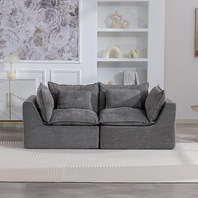 Chenille Modular Sectional Sofa Couch, Boneless Loveseat Cloud Couch for Living Room, Upholstered Compression Sofa in A Box w/Layers Seat Cushions, No Assembly Required | Plush, Wider Armrest
