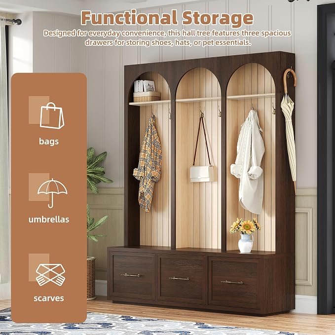 Merax Farmhouse Wood Hall Tree with Shoe Bench and 3 Drawers, 4-in-1 Coat Rack with 8 Hooks for Entrance, Hallway, Mudroom Dark Walnut - Image 4