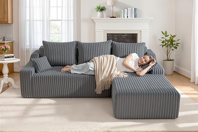 Homguava 94'' Cloud Sectional Couch, Modular L-Shape Couch with Chaise, Boneless Sofa with Deep Seat for Living Room Bedroom,No Assembly Required(Grey,Right Facing Chaise)