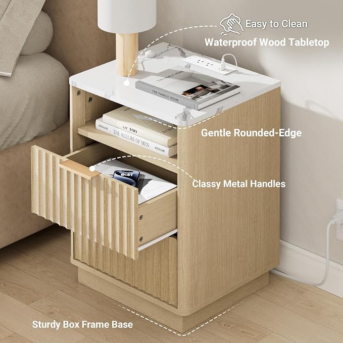 Fluted Nightstand, Night Stand Set 2, Nightstands Set of 2 with Charging Station and Faux Marble Top, 2 Drawers End Table w/Storage, Modern Bedside Table for Bedroom Living Room,Natural Oak - Image 5