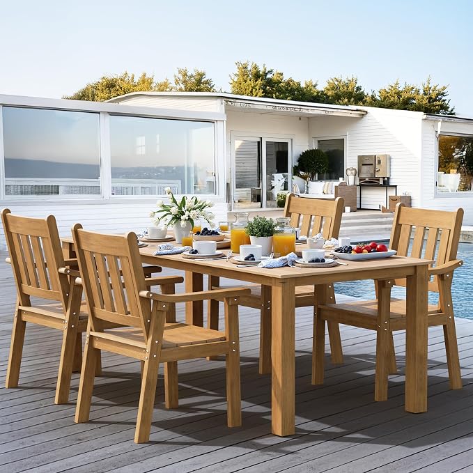 YEFU HIPS Patio Table Set: 5 Piece Outdoor Table and Chairs Dining Furniture Set with Umbrella Hole - Teak Modern Plastic Dining Sets 4 Person for Outside Deck with Metal Aluminum Frame by YEFU