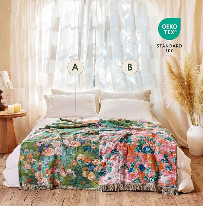 Boho Throw Blanket - 100% Cotton Throw Blankets for Bed Couch, 50"x60" Soft Muslin Lightweight Spring Throw Blanket, Cozy Floral Plant Printed Bohemain Bedding Decor Green Throw Quilt