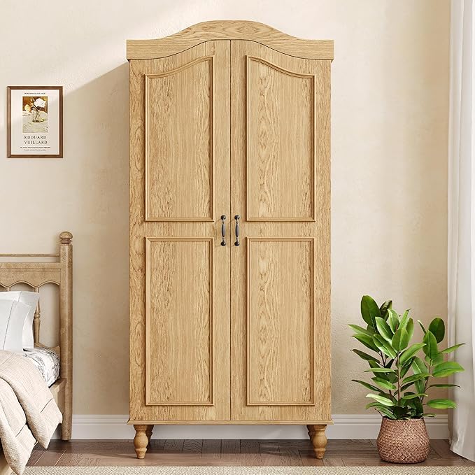 Arched Armoire Wardrobe Closet with 2 Doors, 71" H Wooden Wardrobe Cabinet with Hanging Rod and Shelves, Freestanding Armoire Storage Cabinet for Bedroom, Cloak Room, Natural
