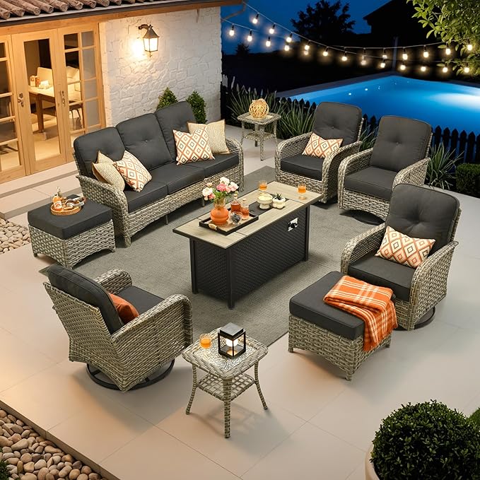 HOOOWOOO Outdoor Patio Furniture Set with Fire Pit Table,10 Pieces Wicker Conversation Set,All Weather High Back Couch Sofa Swivel Chairs Ottomans Ottomans Set,Black