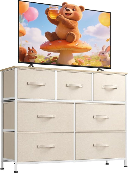 WLIVE 7 Drawer Dresser TV Stand, Entertainment Center, Media Console Table with Metal Frame and Wood Top for TV up to 45 inch, Chest of Drawers for Bedroom, Living Room, Cream White by WLIVE
