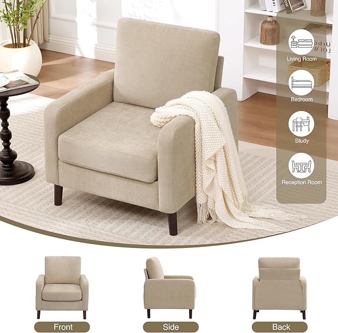 Accent Chair for Living Room, Modern Reading Chair for Bedroom, Upholstered Armchair with Wood Legs and Side Pockets, Single Sofa Side Chair for Office, Small Room, Apartment, Light Brown