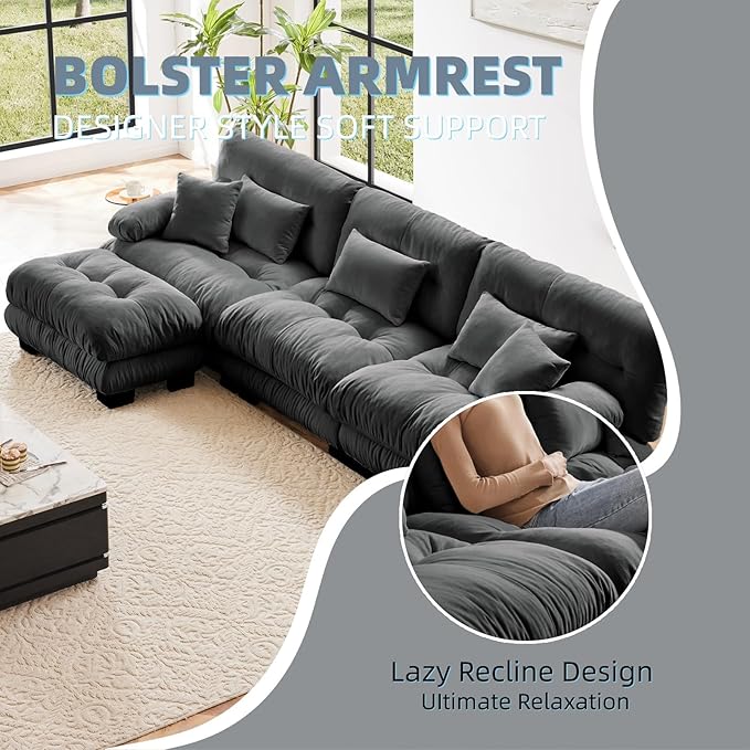 133.8" L-Shaped Cloud Couch, Oversized Modular Sectional Sofa, Deep Seat Cloud Boneless Couch, 3-Seat Modular Sectional Sofa with Ottoman or Living Room,Bedroom and Apartment, Gray