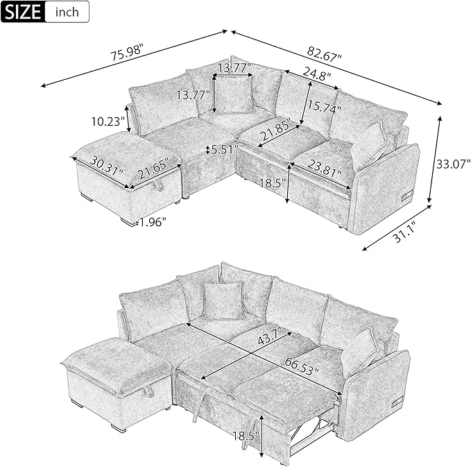 ERYE L-Shaped Corner Chenille Upholstered Sleeper Sectional Sofa Practical Convertible Sleep Sofabed W/Pull Out Sleep Couch Bed, Storage Ottoman and USB Charge Ports for Living Room