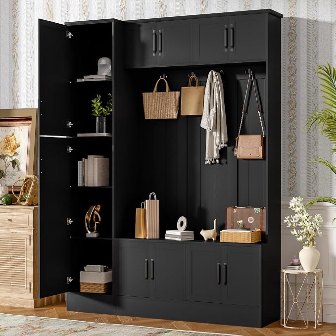 Merax Farmhouse Wood Hall Tree with 6 Hooks and Shoe Bench, Mudroom Versatile Coat Racks with 6 Cabinets & Adjustable Shelf, Entrance Organizer for Hallway, Entryway, Living Room Black by Merax
