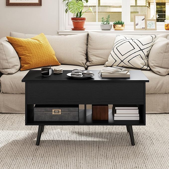 Giantex Lift Top Coffee Table, Modern Cocktail Table w/Hidden Compartment & 2 Open Shelves, Flip Top Center Table, Wooden Pull up Coffee Table for Living Room, Reception Room, Office (Black)