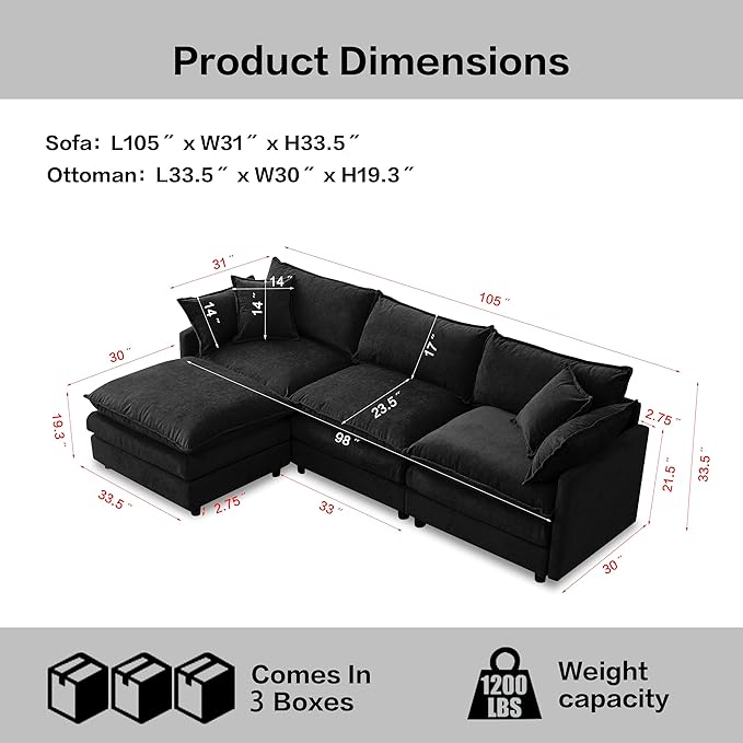 105" Oversized Modular Cloud Sectional Sofa Free Convertible L-Shaped Corner Sectional with Movable Ottoman, Chenille Upholstered Multiple Cushions Cloud Sofa Couches | Easy to Assemble