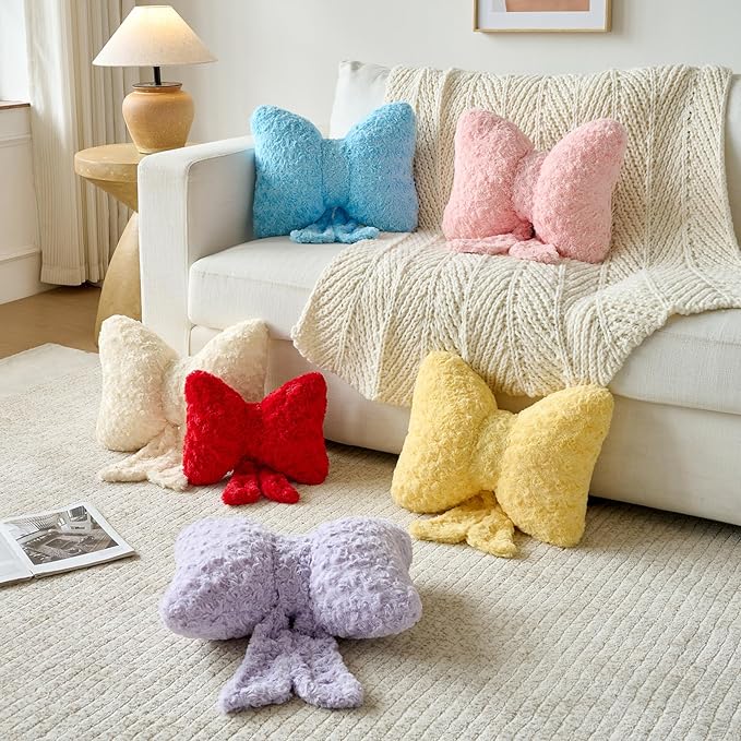 Bow Pillow, Decorative Bow Pillows with Soft Plush for Couch Bed, Bow Shaped Throw Pillow Room Decor for Bedroom, Bow Decorative Pillow for Living Room (Pink, Large-16 Inches)
