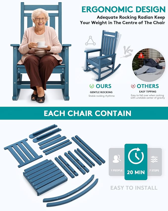SERWALL Oversized Rocking Chair, Outdoor Rocking Chair for Adults, All Weather Resistant Porch Rocker for Lawn Garden, Blue - Image 5