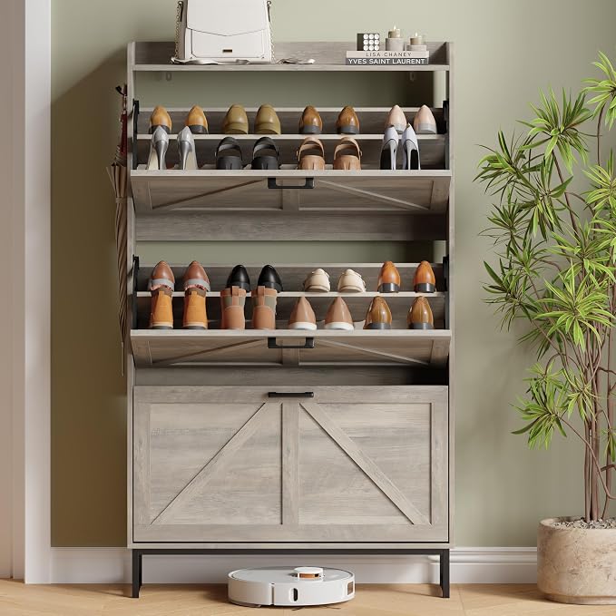 Shoe Cabinet with 3 Flip Drawers, Freestanding Hidden Shoe Storage Organizer for Entryway, Narrow Slim Shoe Rack Cabinet with Open Storage & Hooks for Front Door Entrance, Living Room, Hallway, Grey - Image 7