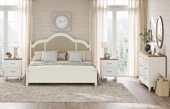 WAMPAT 2 Piece Bedroom Set - Includes 7 Drawer Dresser for Bedroom, Mid Century Nightstand with Charging Station & Drawers, 2 Piece Dresser and Nightstand Sets, Off White