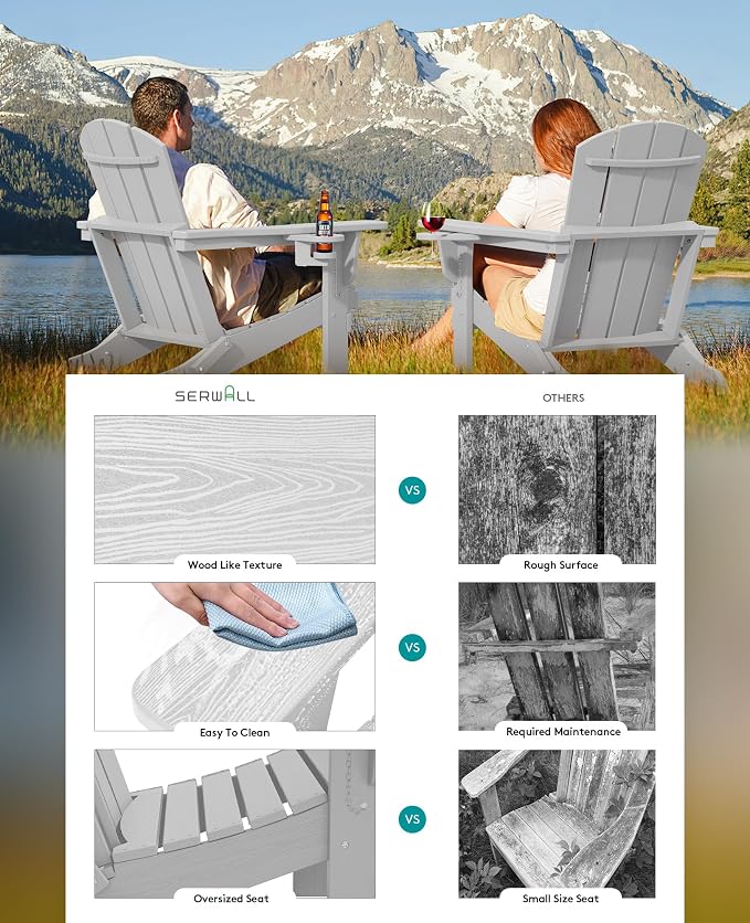 SERWALL Adirondack Chair with Cup Holders - Composite Adirondack Chairs Set of 2 HDPE Outdoor Chairs All Weather Use- Silver Gray - Image 4