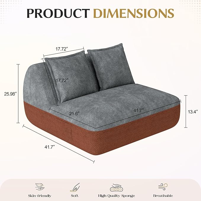 Hobestluk Small Couches for Small Spaces,42” Mini Loveseat Sofa 2-Seater Armless Sofa Chair with Side Pocket for Living Room,Bedroom,Dorm,Office (Terracotta+Grey)