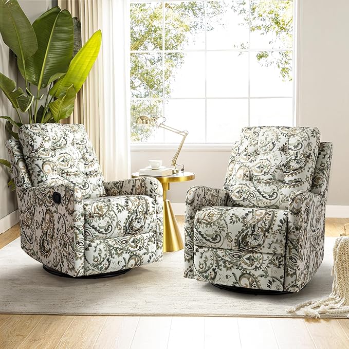 HULALA Home Recliner Chair Set of 2, Modern Printed Fabric for Living Room, Rocker Recliner Sofa Comfy Armchair 360 Degree Swivel, Nursery Rocking Chairs with Adjustable Backrest & Footrest/SAGE
