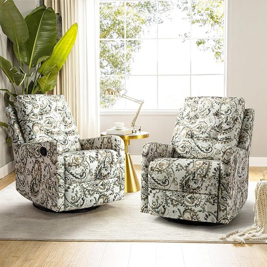 HULALA Home Recliner Chair Set of 2, Modern Printed Fabric for Living Room, Rocker Recliner Sofa Comfy Armchair 360 Degree Swivel, Nursery Rocking Chairs with Adjustable Backrest & Footrest/SAGE