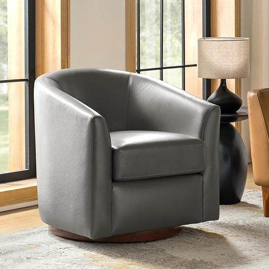 HULALA HOME Genuine Leather Swivel Accent Chair with Solid Wood Base, Round Swivel Barrel Chair for Living Room and Bedroom, No Assembly Required, Grey