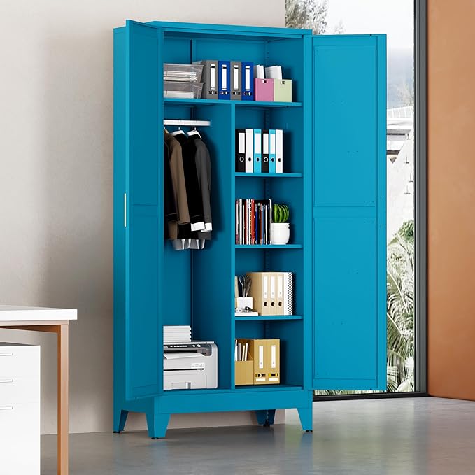 71" Armoire Wardrobe Closet with Hanging Rod & Adjustable Shelves, 2 Doors Blue Armoire Wardrobe Closet, Metal Clothing Storage Wardrobe Cabinet for Bedroom, Laundry Room, Office