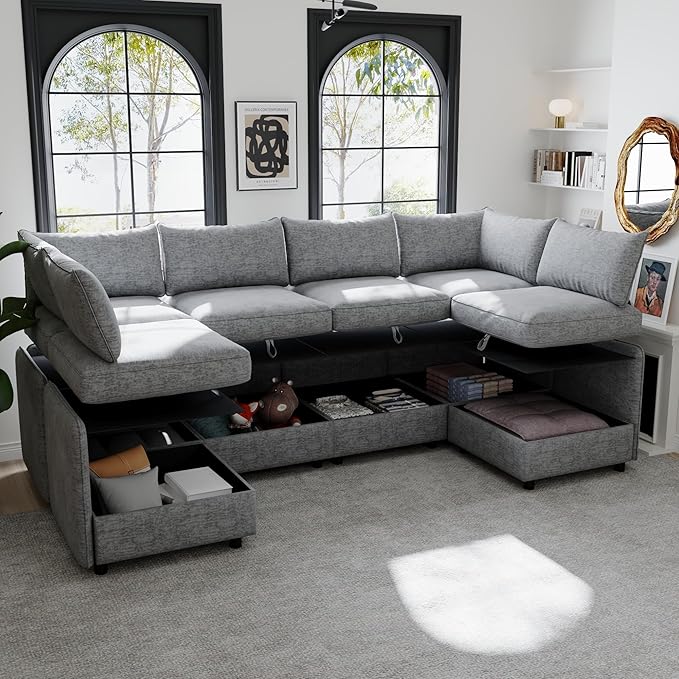 Oversized Modular Storage Sectional Sofa Customizable Seating Group Sofa&Couch Convertible Sleeper Sofabed with Movable Ottomans and Seat, U-Shaped Chenille Upholstered Sofa Couch for Living Room