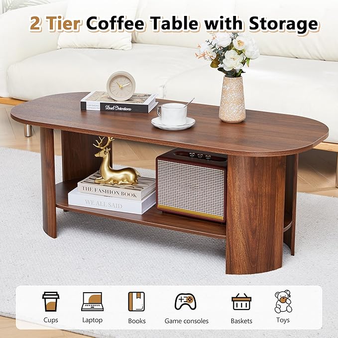 Oval Coffee Table for Living Room, 43.3” Farmhouse Coffee Tables with Storage, 2-Tier Wood Center Table with Storage Shelf Low Tea Table for Small Space, Home, Office, Easy Assembly (Walnut)