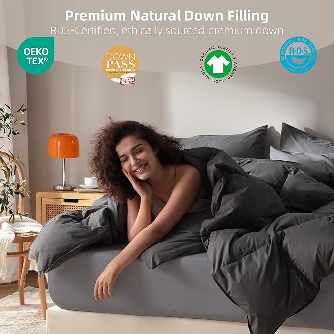 Goose Feather Down Fiber Comforter Queen Size,100% Organic Cotton Duvet Insert,All-Season Luxury Duvet Insert with Baffle Box Design, 750+Fill Power Hotel Collection Bedding Comforter