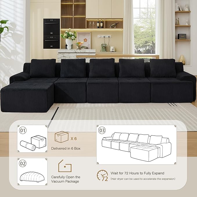 Modular Sectional Sofa, 6 Seat Modular Couch, Modular Sofa with Deep Seat and Detachable Pillow (Black, 6 Pieces-L Shape)