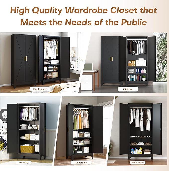 Metal Armoire Wardrobe Closet with Doors and Shelves, 71" Tall Metal Wardrobe Closet with Hanger Rod and Clothing Shelf, Black Farmhouse Bedroom Armoire Steel Storage Cabinet for Bedroom